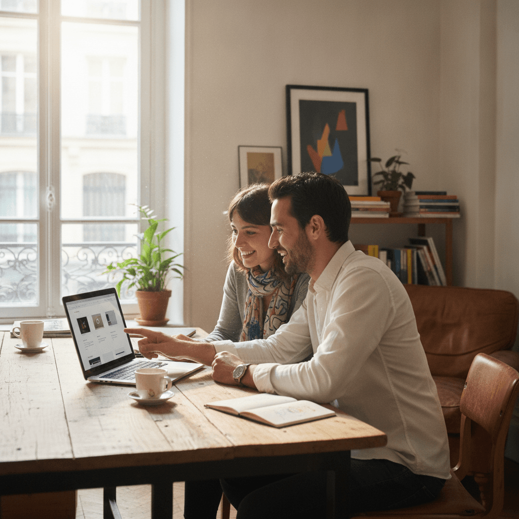 Artisan parisien discutant avec un webmaster freelance devant un écran affichant un site professionnel