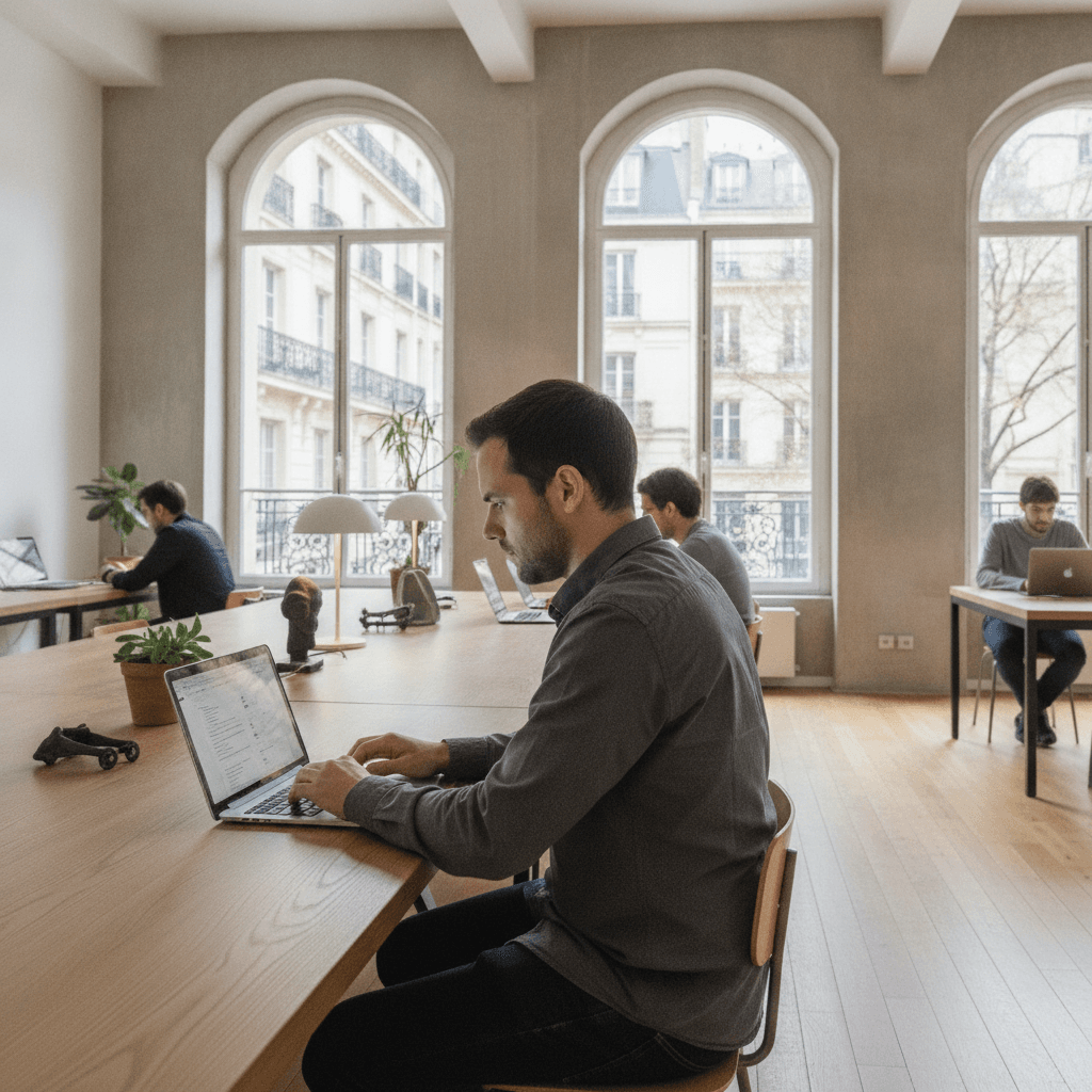 Webmaster indépendant travaillant sur un site vitrine dans un espace de coworking à Rennes