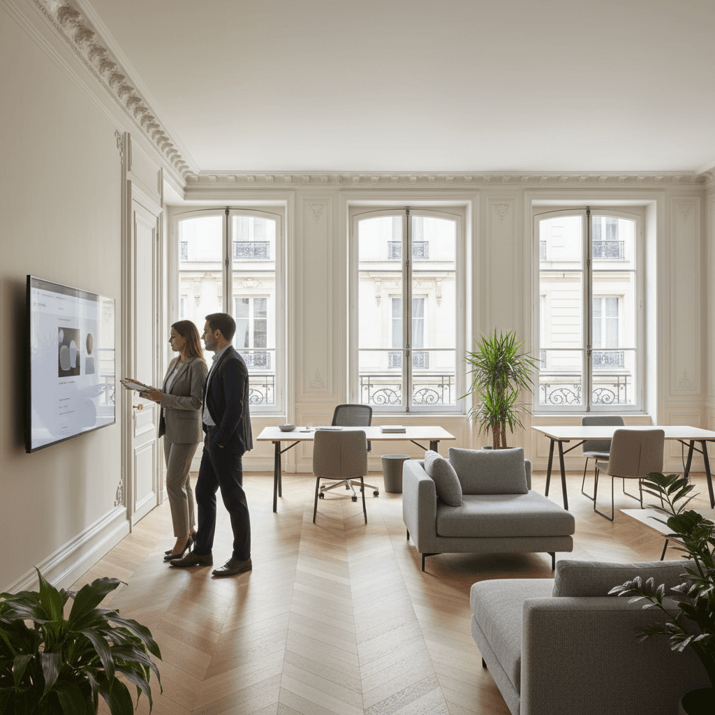 Vue aérienne de Paris avec un immeuble haussmannien et un espace de travail moderne visible en intérieur, évoquant le secteur du numérique en ville