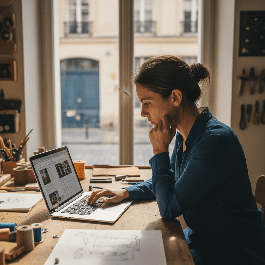 Artisan parisien consultant un devis de création de site internet sur un ordinateur portable dans son atelier
